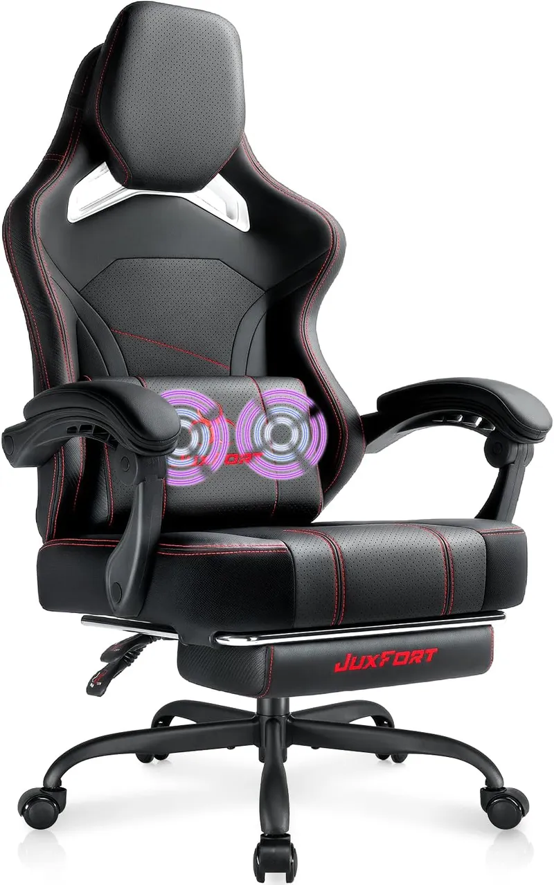 JuxFort Big and Tall Gaming Chair with Massage and Pocket Spring Cushion, Black