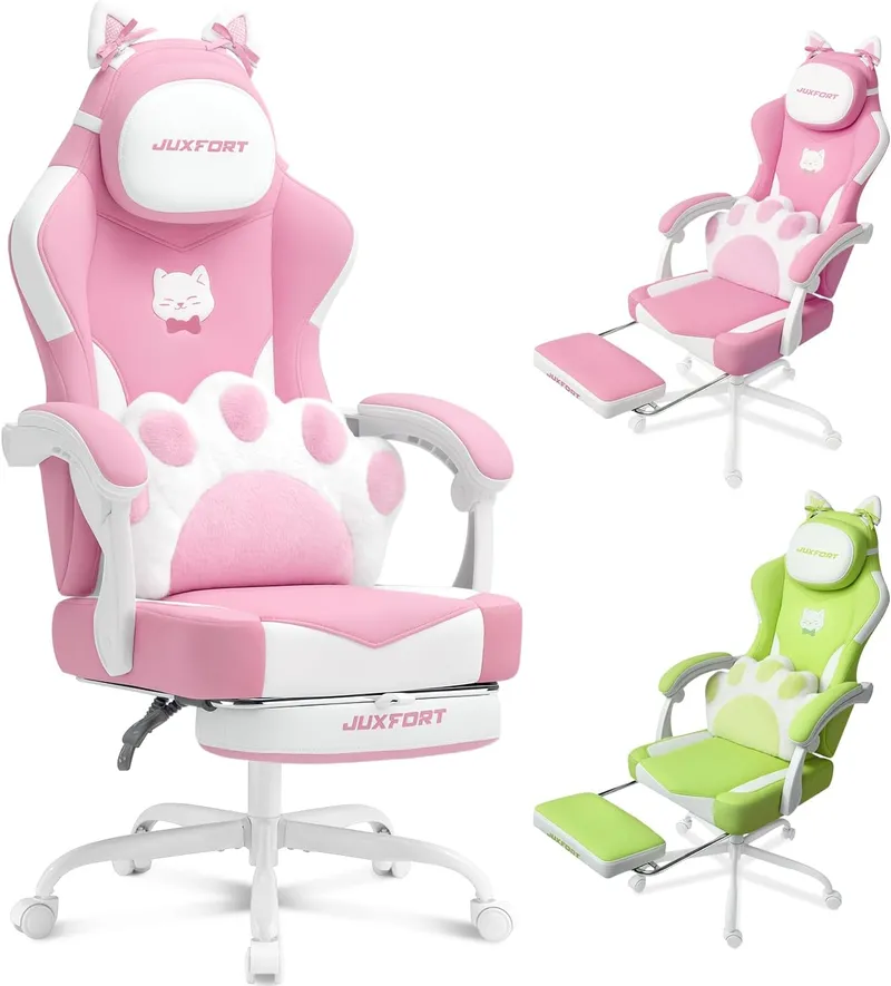 JuxFort Pink Gaming Chair with Cat Ears Paw Lumbar